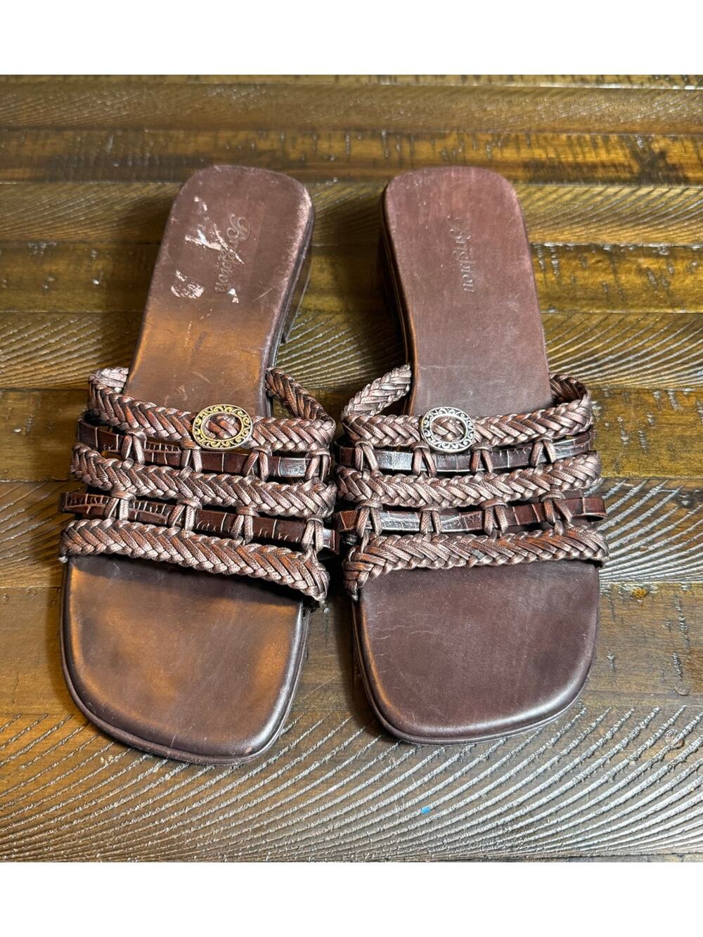 Brighton Rita Brown Leather Woven Bronze Heel Slides Sandals 9M Bench Made